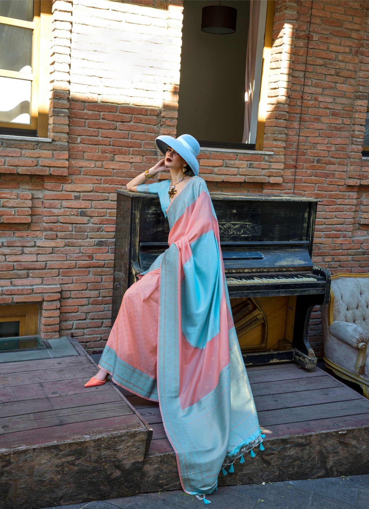 Light Blue Peach Koche Soft Silk Handloom Saree