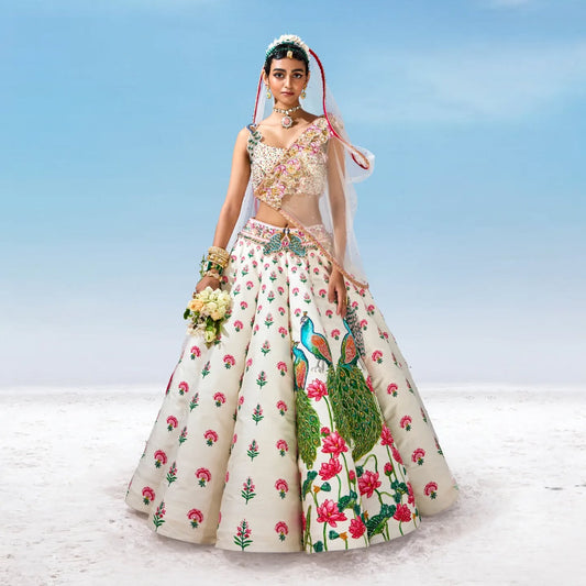 Custom Regal White Peacock Motif Bride Lehenga