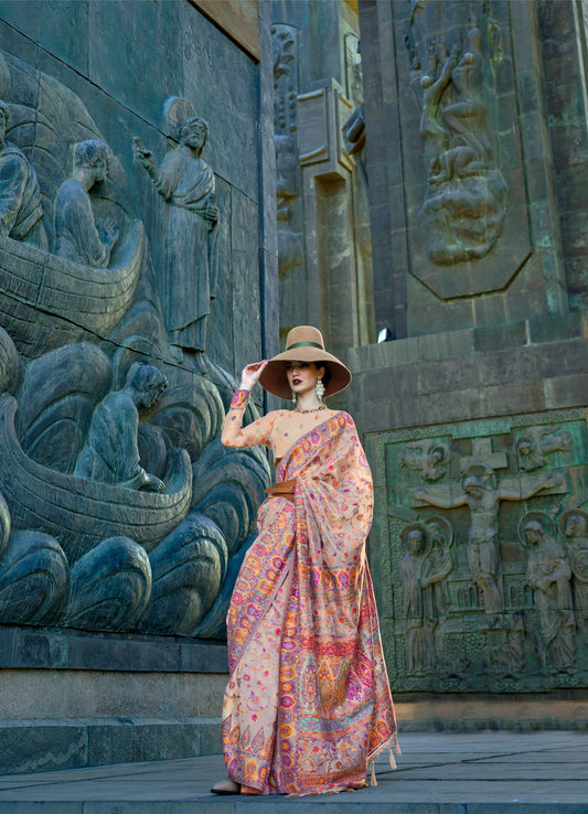 Cream Kashneer Organza Kashmiri Handloom Silk Saree