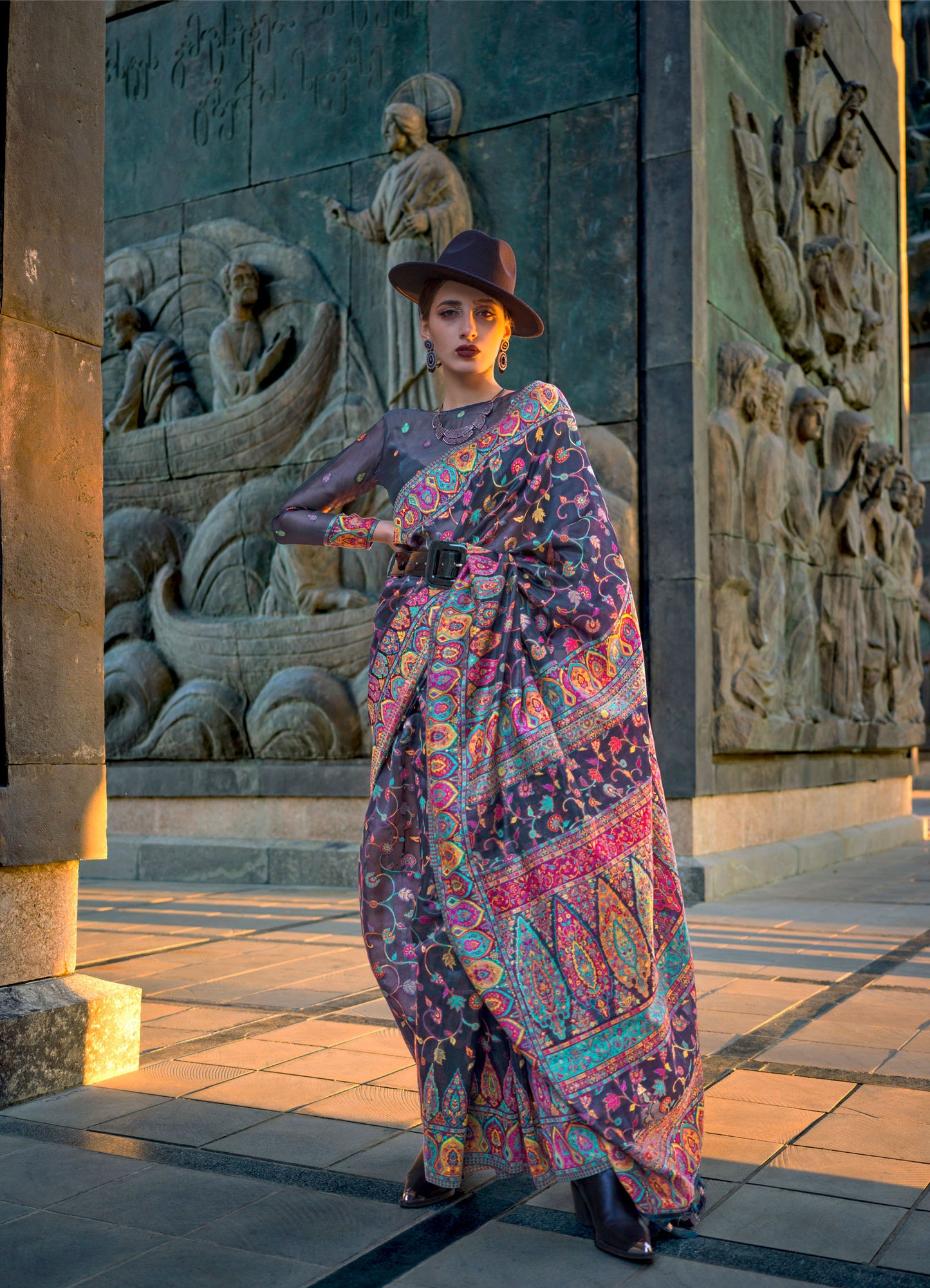 Navy Blue Kashneer Organza Kashmiri Handloom Silk Saree