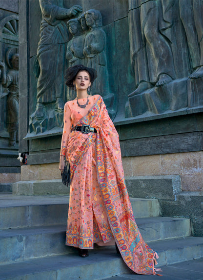 Peach Kashneer Organza Kashmiri Handloom Silk Saree