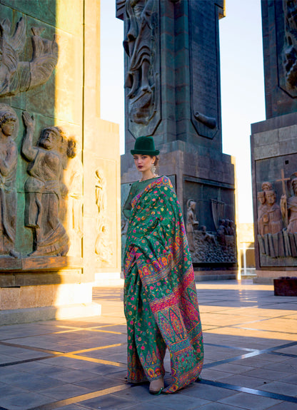 Forest Green Kashneer Organza Kashmiri Handloom Silk Saree