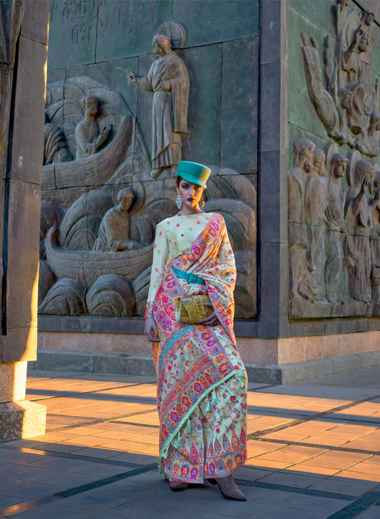 Sea Green Kashneer Organza Kashmiri Handloom Silk Saree