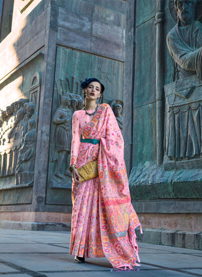 Pink Kashneer Organza Kashmiri Handloom Silk Saree