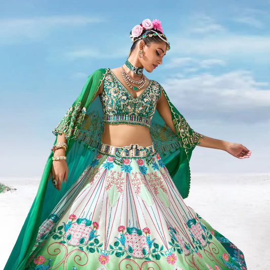 Custom Regal Green and White Peacock Motif Bride Lehenga