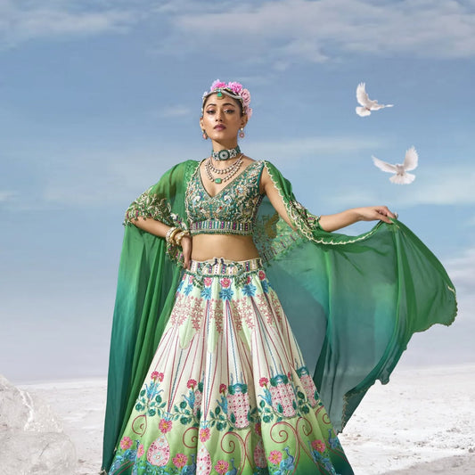 Custom Regal Green and White Peacock Motif Bride Lehenga