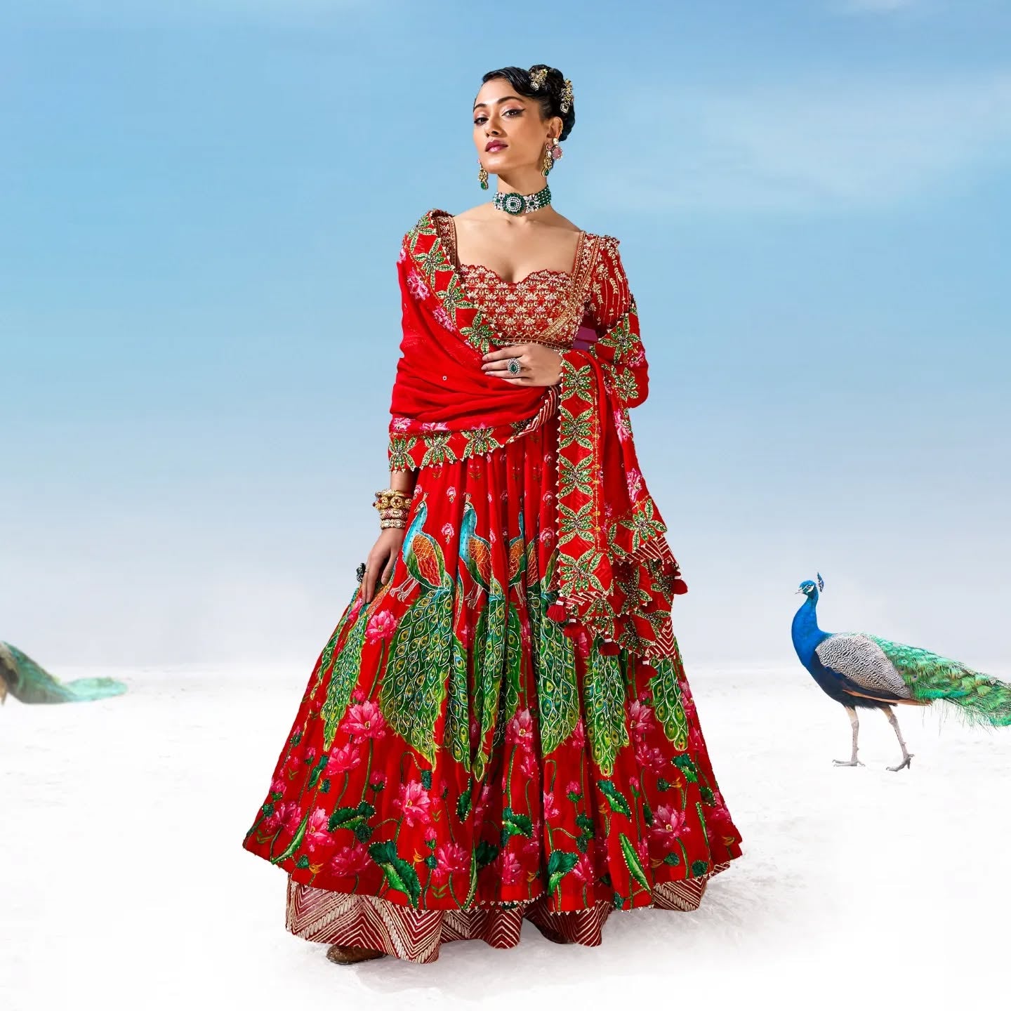 Custom Regal Red Peacock Motif Bride Lehenga