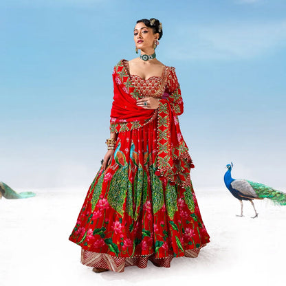 Custom Regal Red Peacock Motif Bride Lehenga