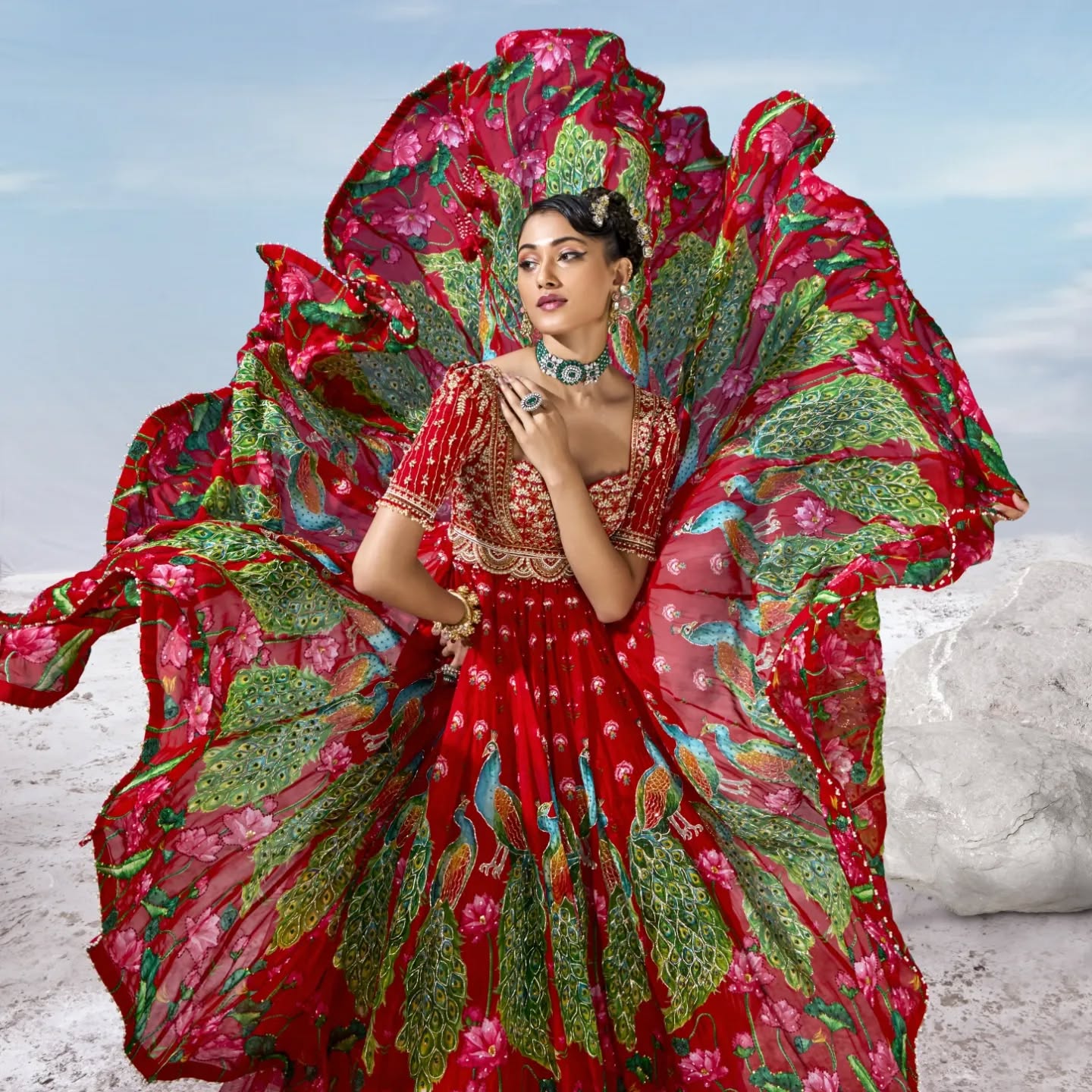 Custom Regal Red Peacock Motif Bride Lehenga