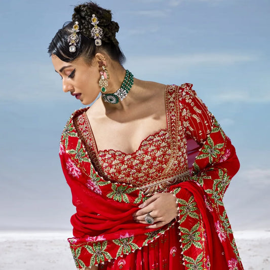 Custom Regal Red Peacock Motif Bride Lehenga