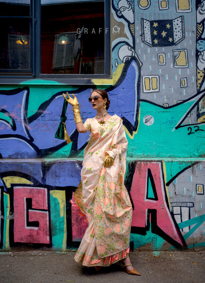 Cream Krafitti Parsi weave handloom Silk Saree