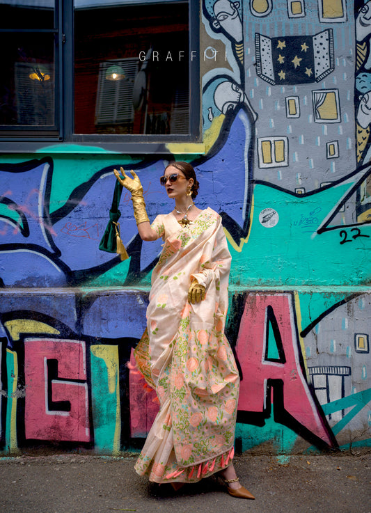 Cream Krafitti Parsi weave handloom Silk Saree