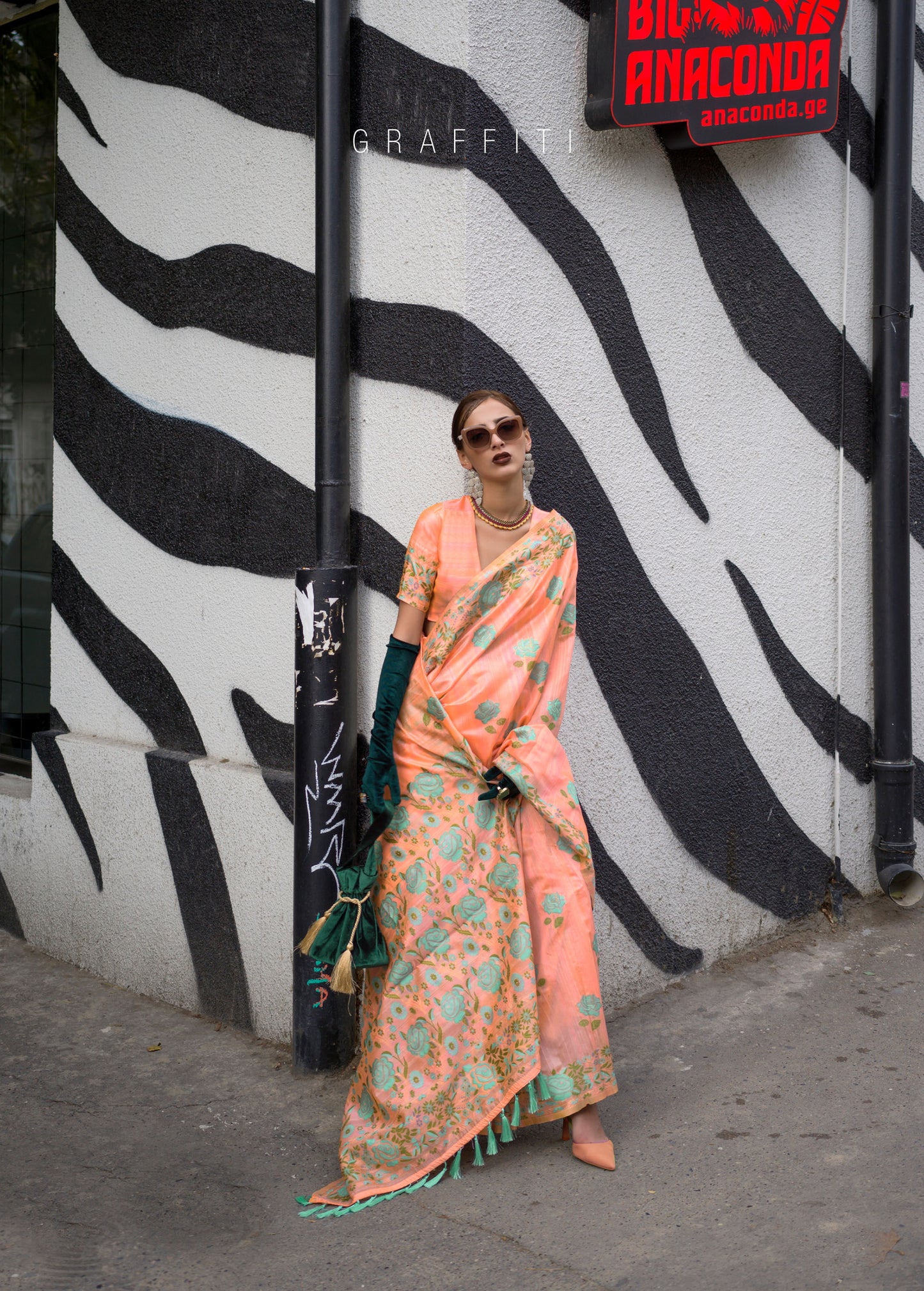 Orange Krafitti Parsi weave handloom Silk Saree