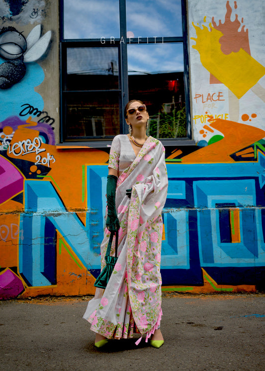 Grey Krafitti Parsi weave handloom Silk Saree