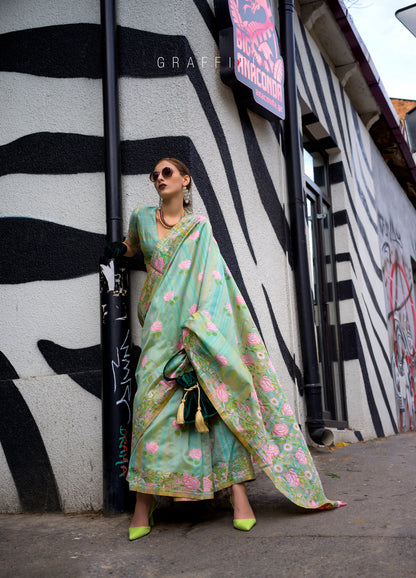 Mint Green Krafitti Parsi weave handloom Silk Saree