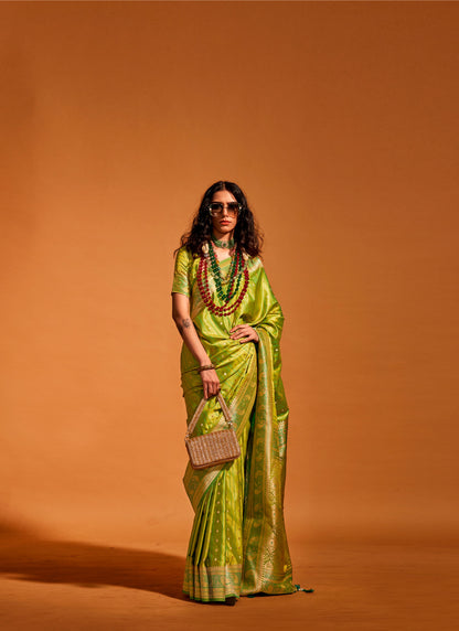 Emerald Green Karnaal Pure Satin Handloom Silk Saree