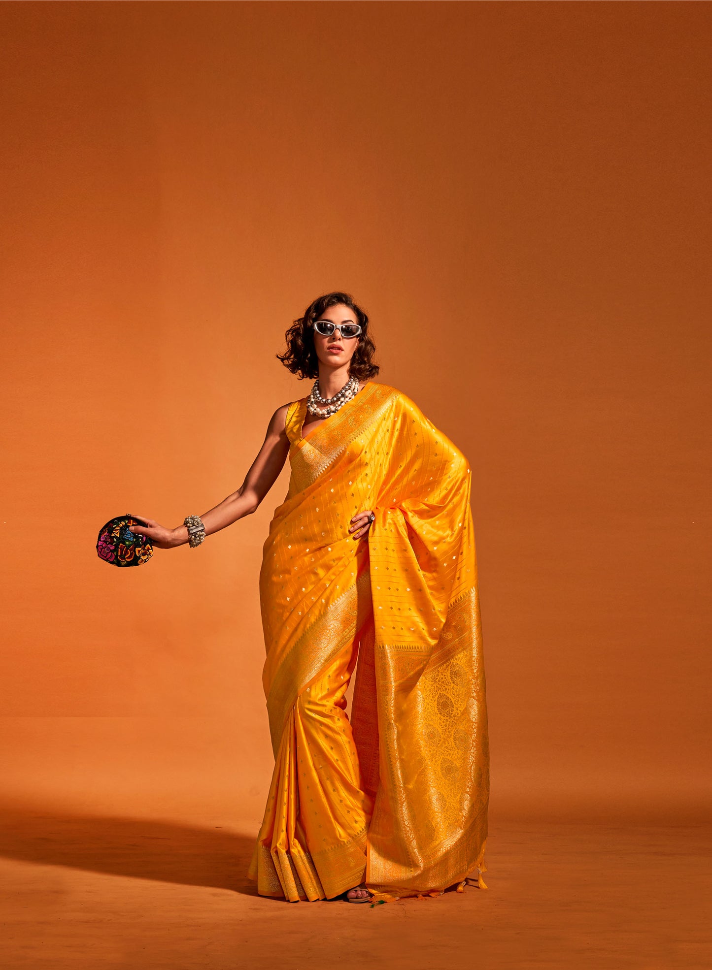 Sunshine Yellow Karnaal Pure Satin Handloom Silk Saree