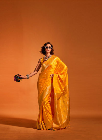 Sunshine Yellow Karnaal Pure Satin Handloom Silk Saree