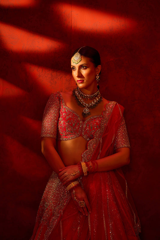 Cherry Red Raw Silk Hand & Machine Embroidered Lehenga Set