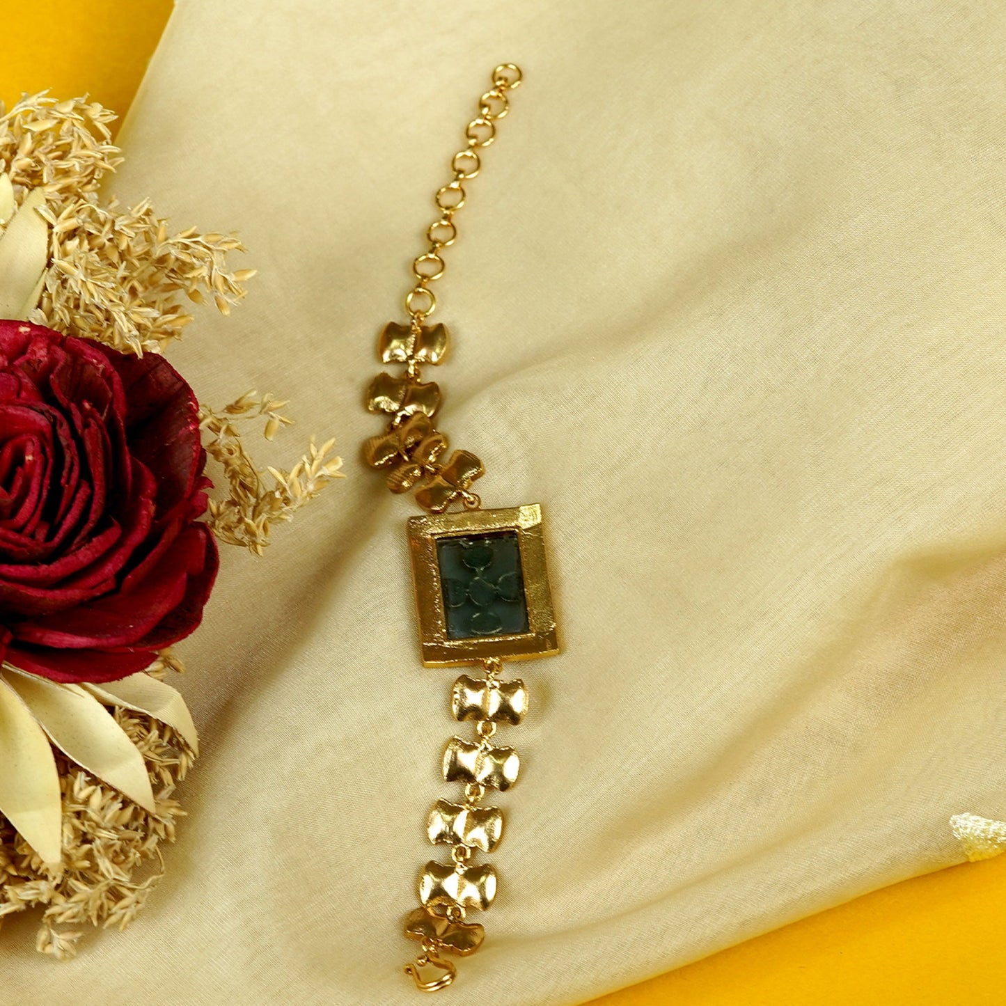 Zevar Club Gold Tone Multicolor Kundan Stone Studded Rectangular Motif Handcrafted Statement Bracelet for Women