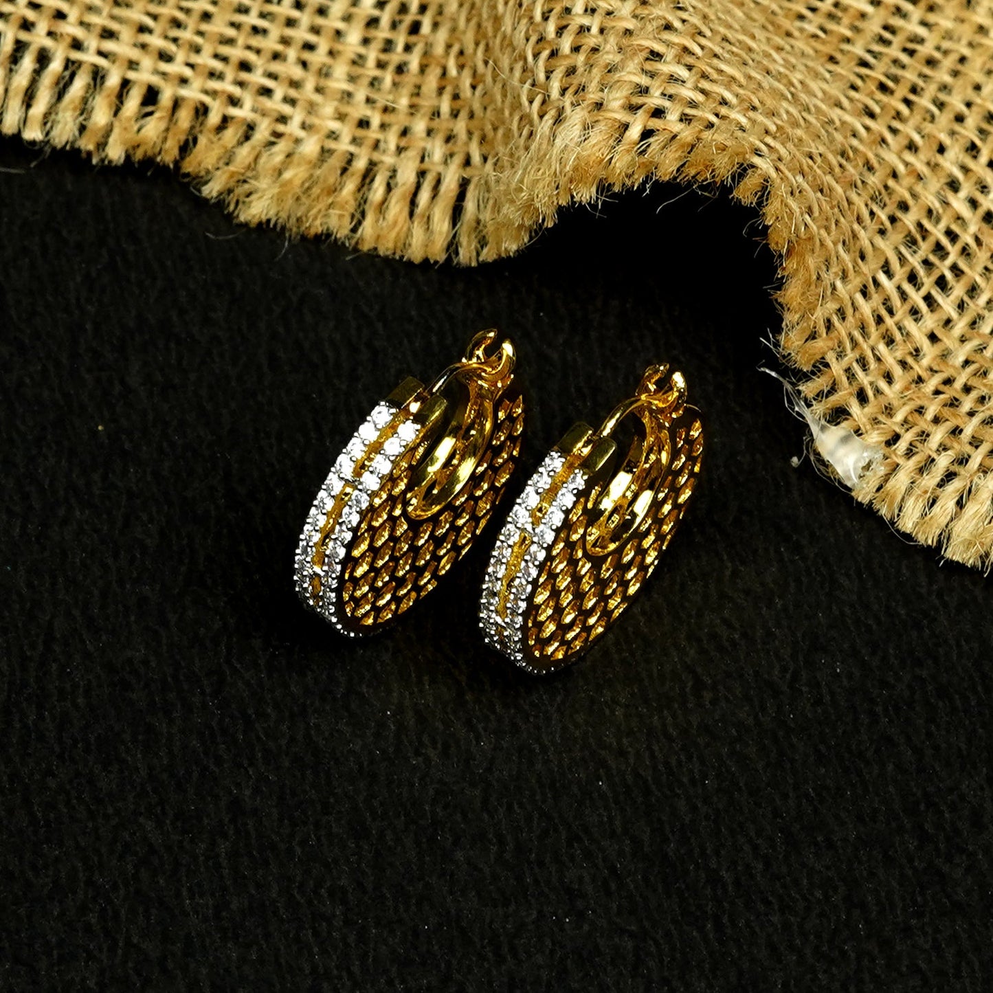 Zevar Club 22K Gold-Plated Marquise Cubic Zirconia Studded Demi-Fine Textured Hoop Earrings