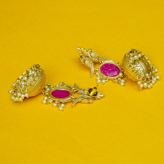 Zevar Club 22K Gold-Plated Pink Carved Stone Jhumka Earrings with Bird Motif & Pearls Drops