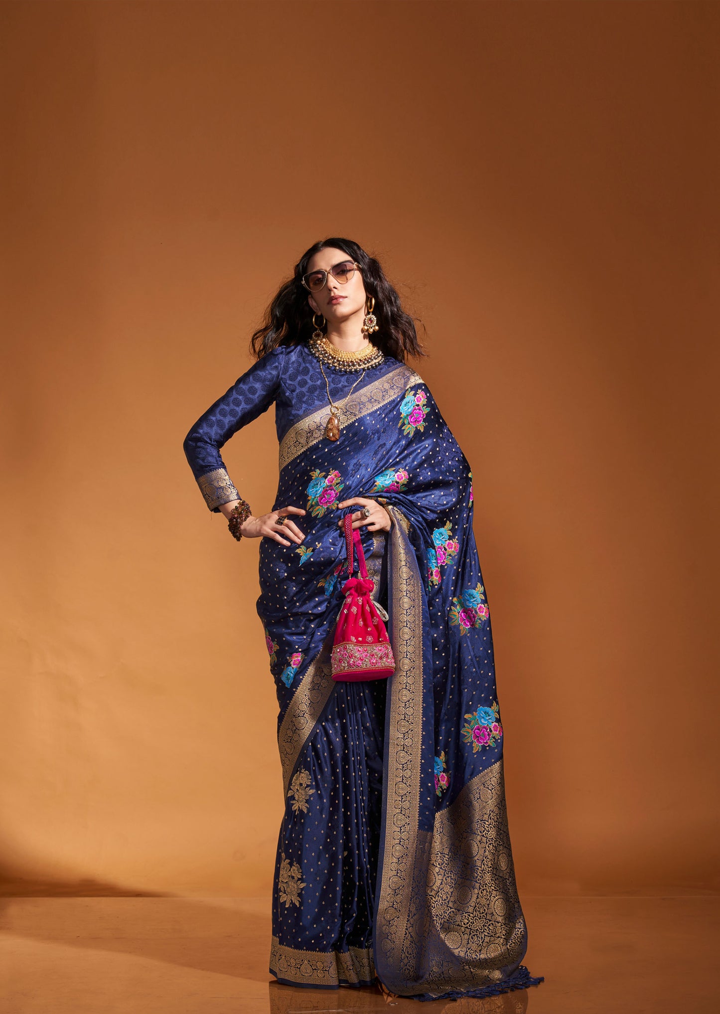 Navy Blue Khalissi Silk Satin Handloom Saree