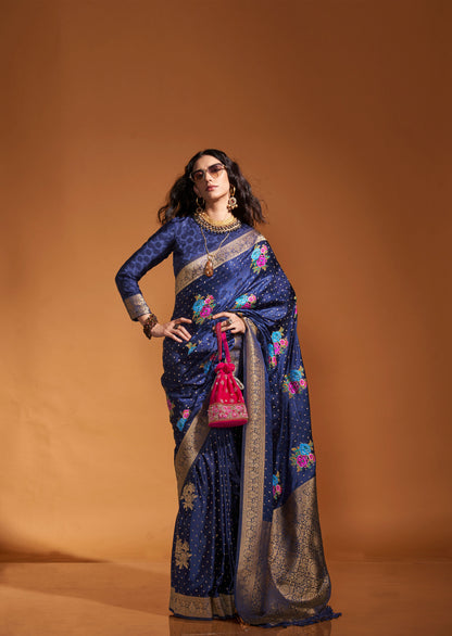 Navy Blue Khalissi Silk Satin Handloom Saree