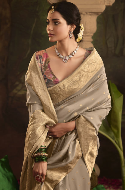 Grey Crepe Dola Silk Weaving Sinduri Raas Saree