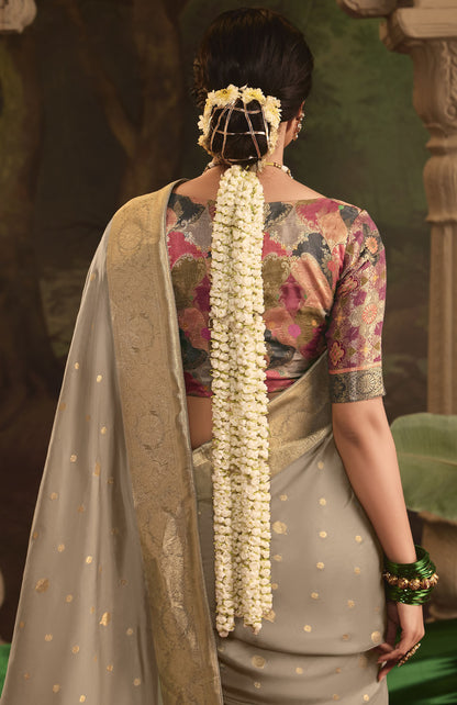 Grey Crepe Dola Silk Weaving Sinduri Raas Saree