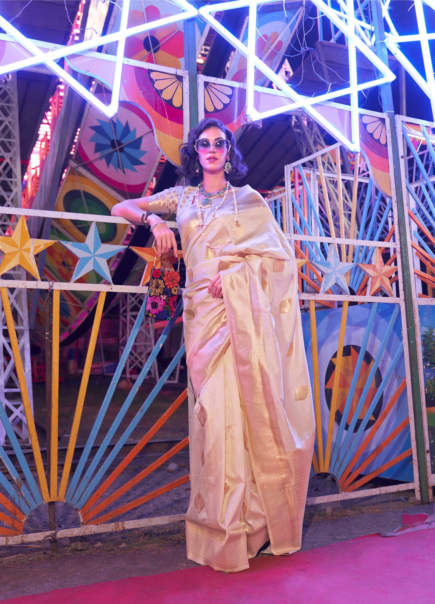 Off white Ivory Karnival Handloom Silk Saree