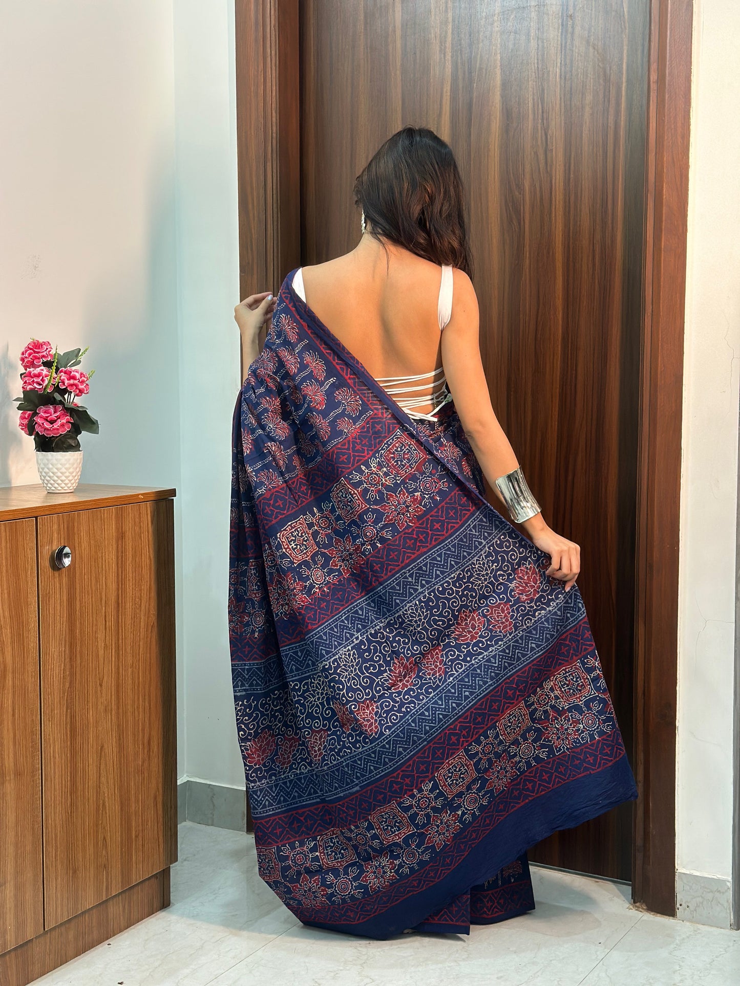 Navy Blue Handblock Cotton Saree