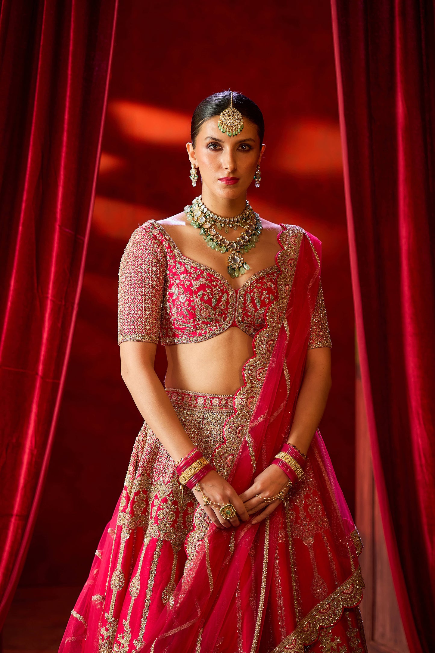 Cherry Red Raw Silk Hand & Machine Embroidered Lehenga Set