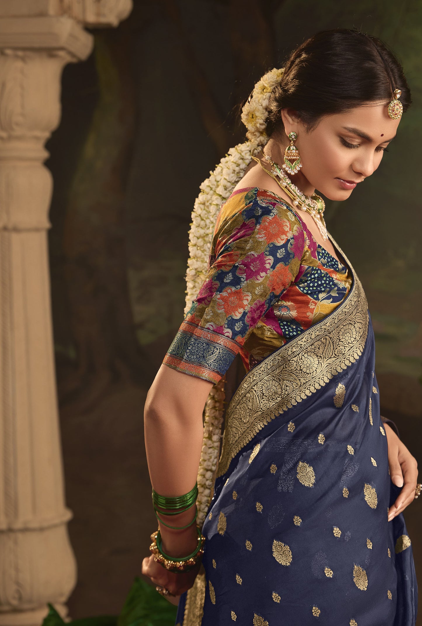 navy Blue Crepe Dola Silk Weaving Sinduri Raas Saree