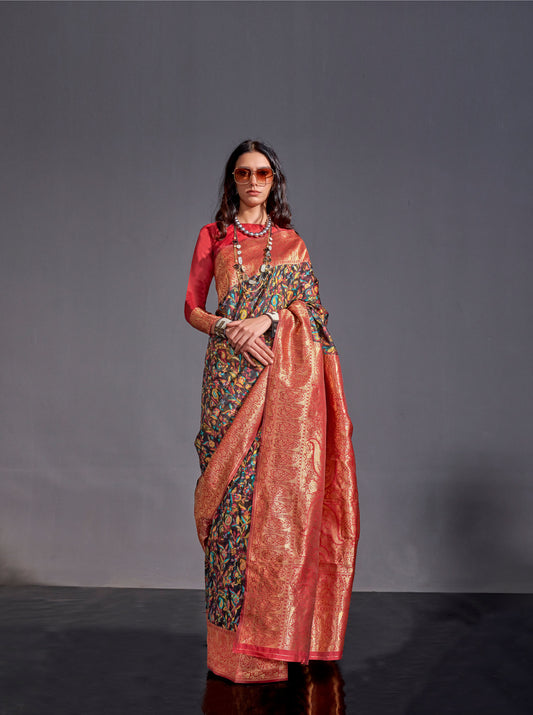 Black Multi color Knaaz Modal Kashmiri Chaap Handloom Saree