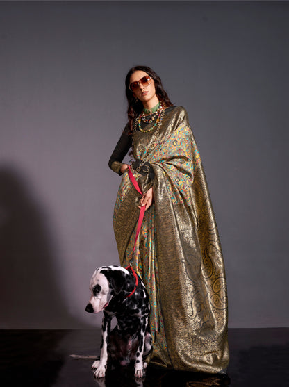 Greenish Gold color Knaaz Modal Kashmiri Chaap Handloom Saree