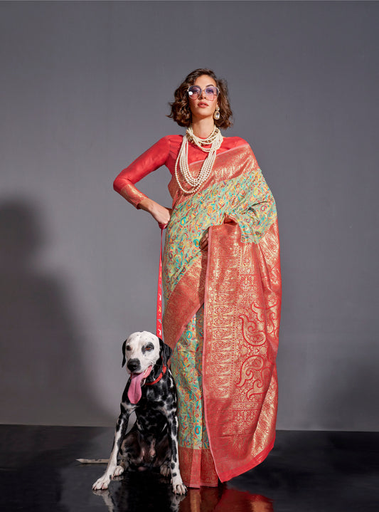 Mint Green Knaaz Modal Kashmiri Chaap Handloom Saree