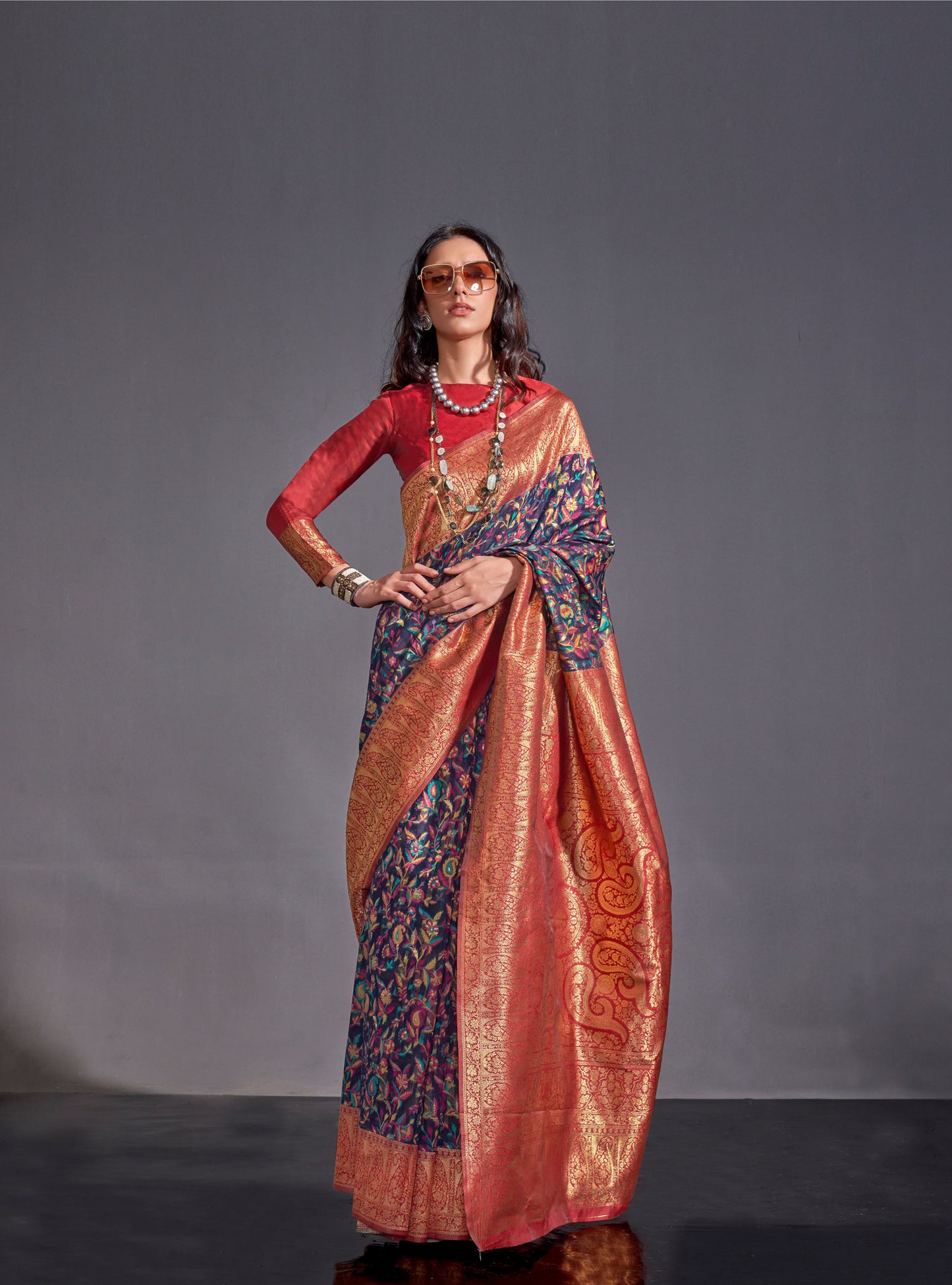 Dark Blue Knaaz Modal Kashmiri Chaap Handloom Saree