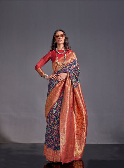 Dark Blue Knaaz Modal Kashmiri Chaap Handloom Saree
