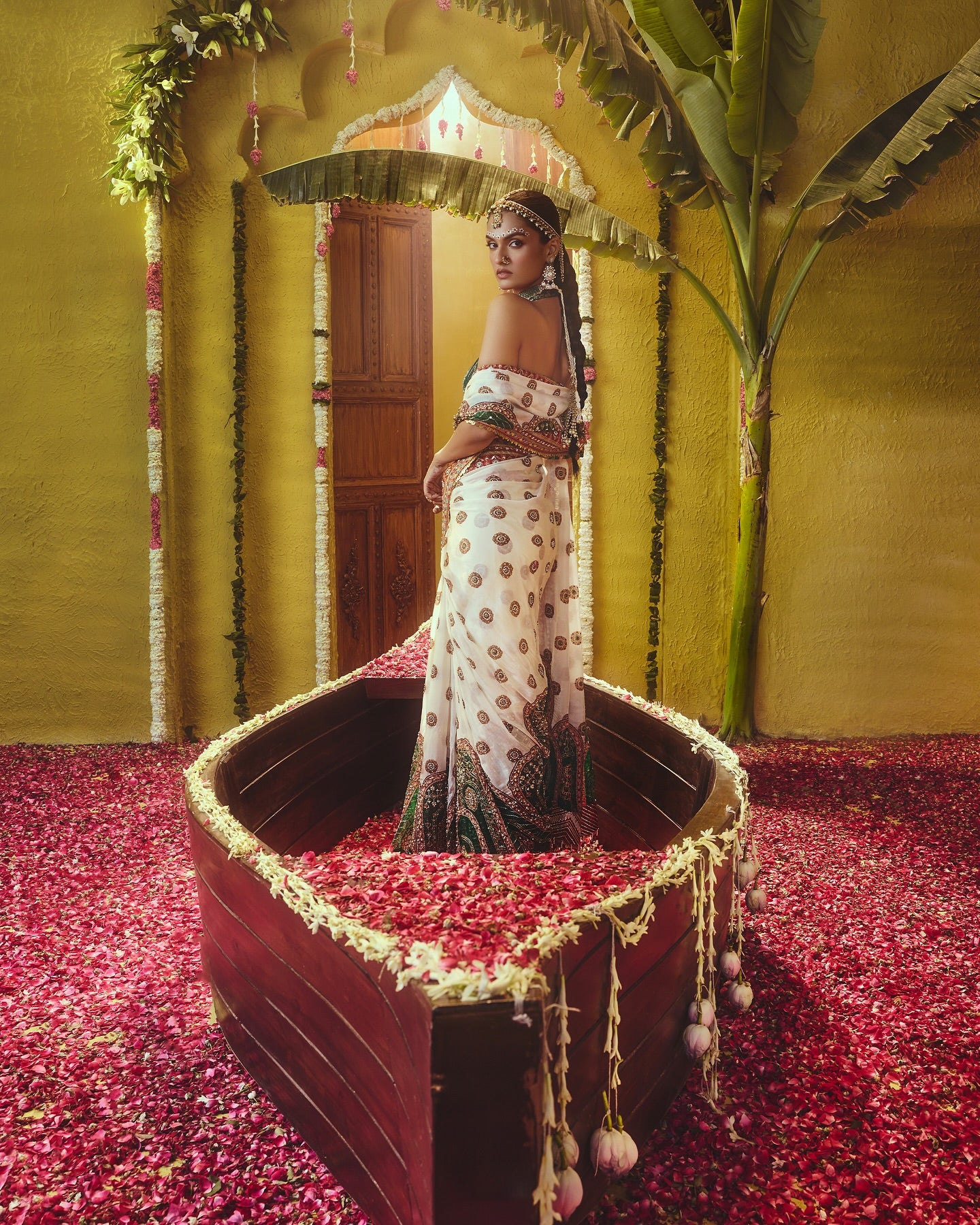 Custom White and Green Bridal Saree