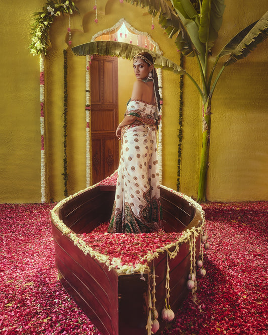 Custom White and Green Bridal Saree