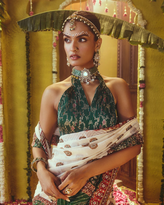 Custom White and Green Bridal Saree