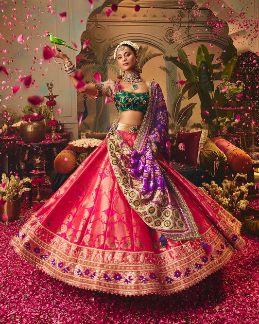 Custom Pink swayamvar green Blouse Bridal Lehenga