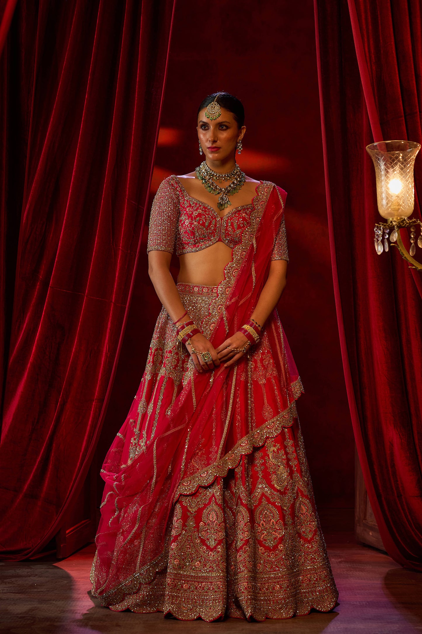 Cherry Red Raw Silk Hand & Machine Embroidered Lehenga Set