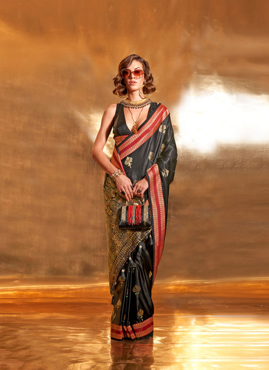 Black Ksattika Pure Satin Handloom Silk Saree