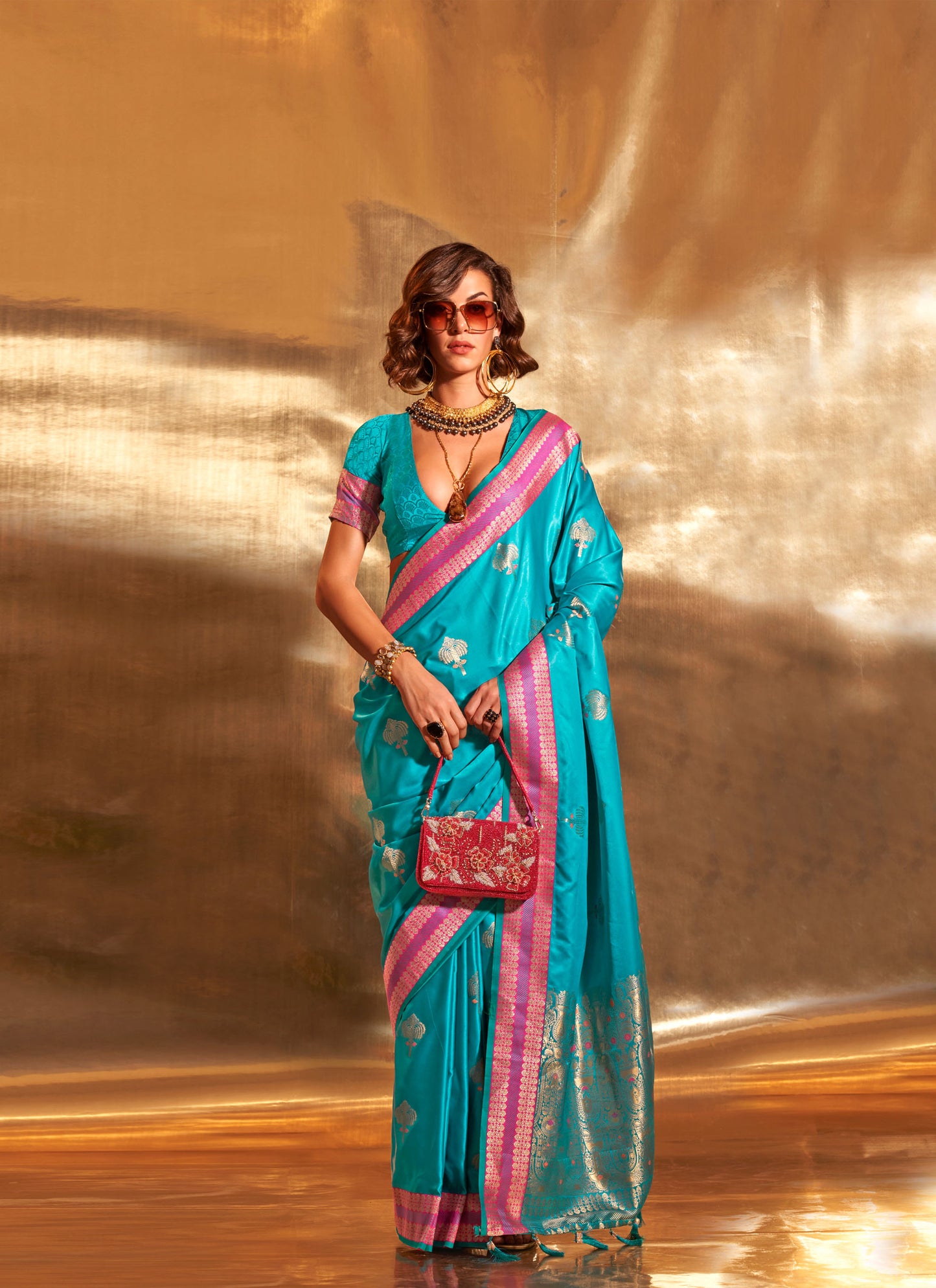 Teal Blue Ksattika Pure Satin Handloom Silk Saree