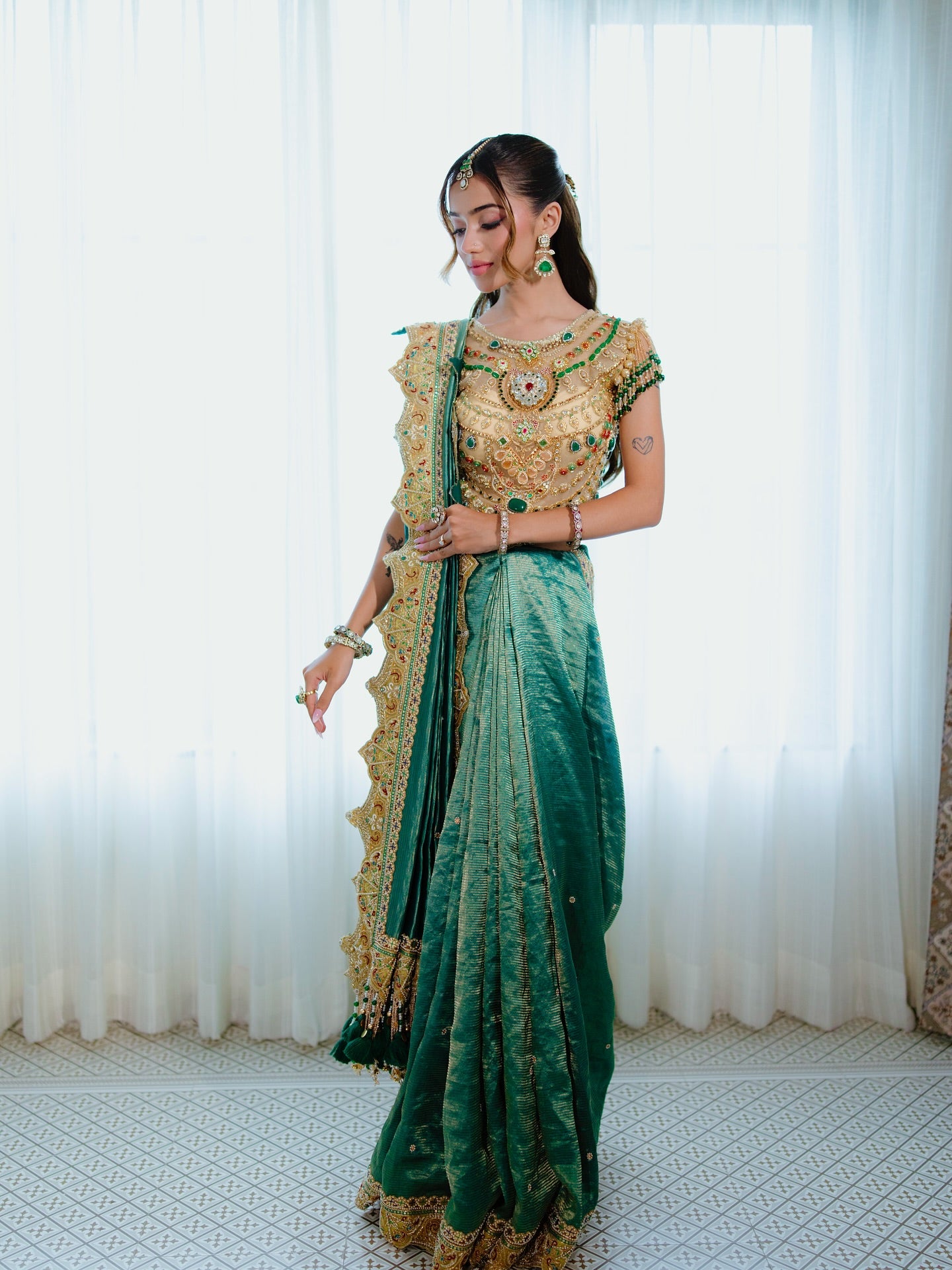 Custom Heavy Green Bridal saree