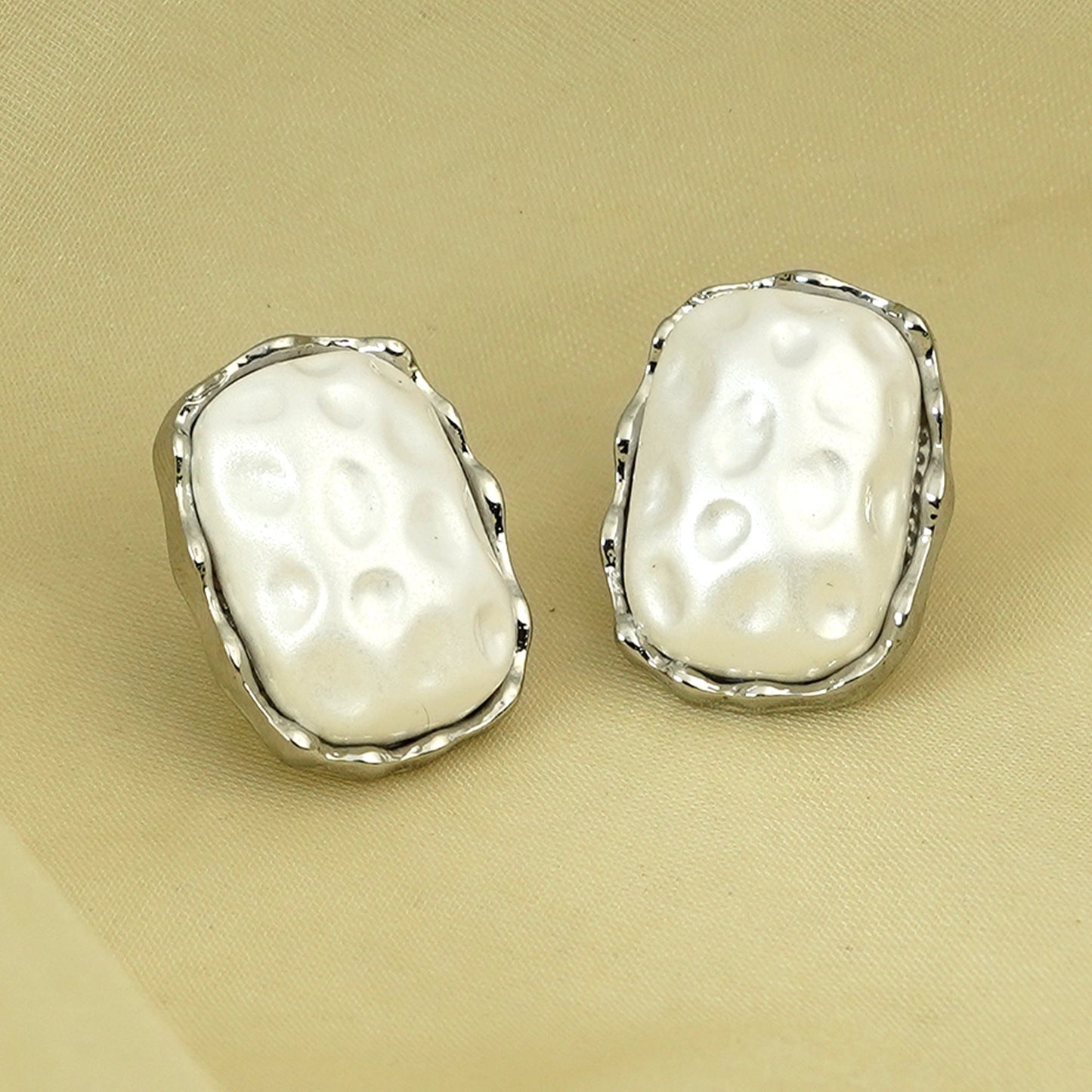 Zevar Club Silver Tone White Pearl-Textured Sculpted Frame Stud Earrings for Women