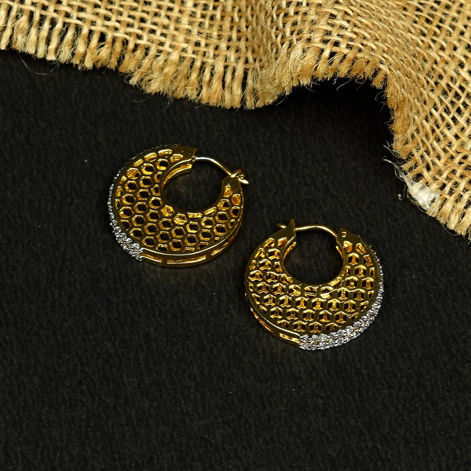 Zevar Club 22K Gold-Plated Marquise Cubic Zirconia Studded Demi-Fine Textured Hoop Earrings