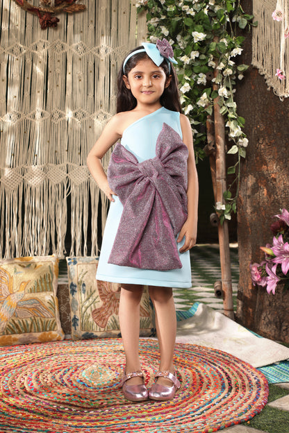 Blue Lycra Dress with Purple Shimmer Bow